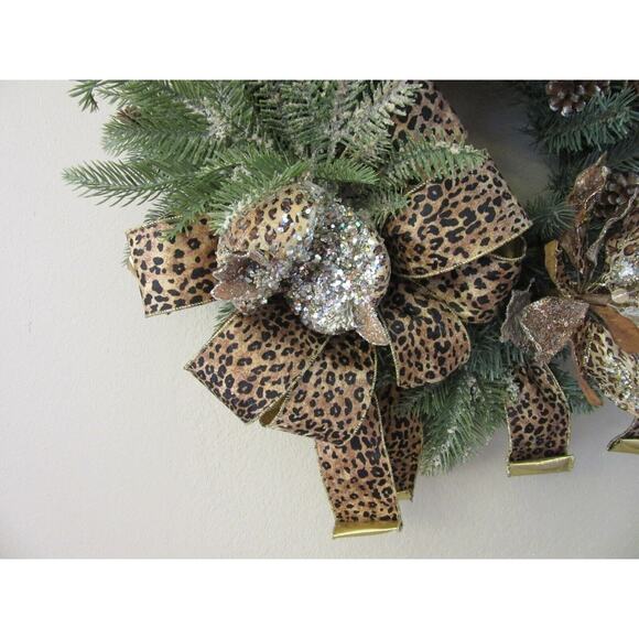 Christmas Wreath Luxurious Animal Print Jeweled Faux Evergreen Handmade 24" - Picture 2 of 6